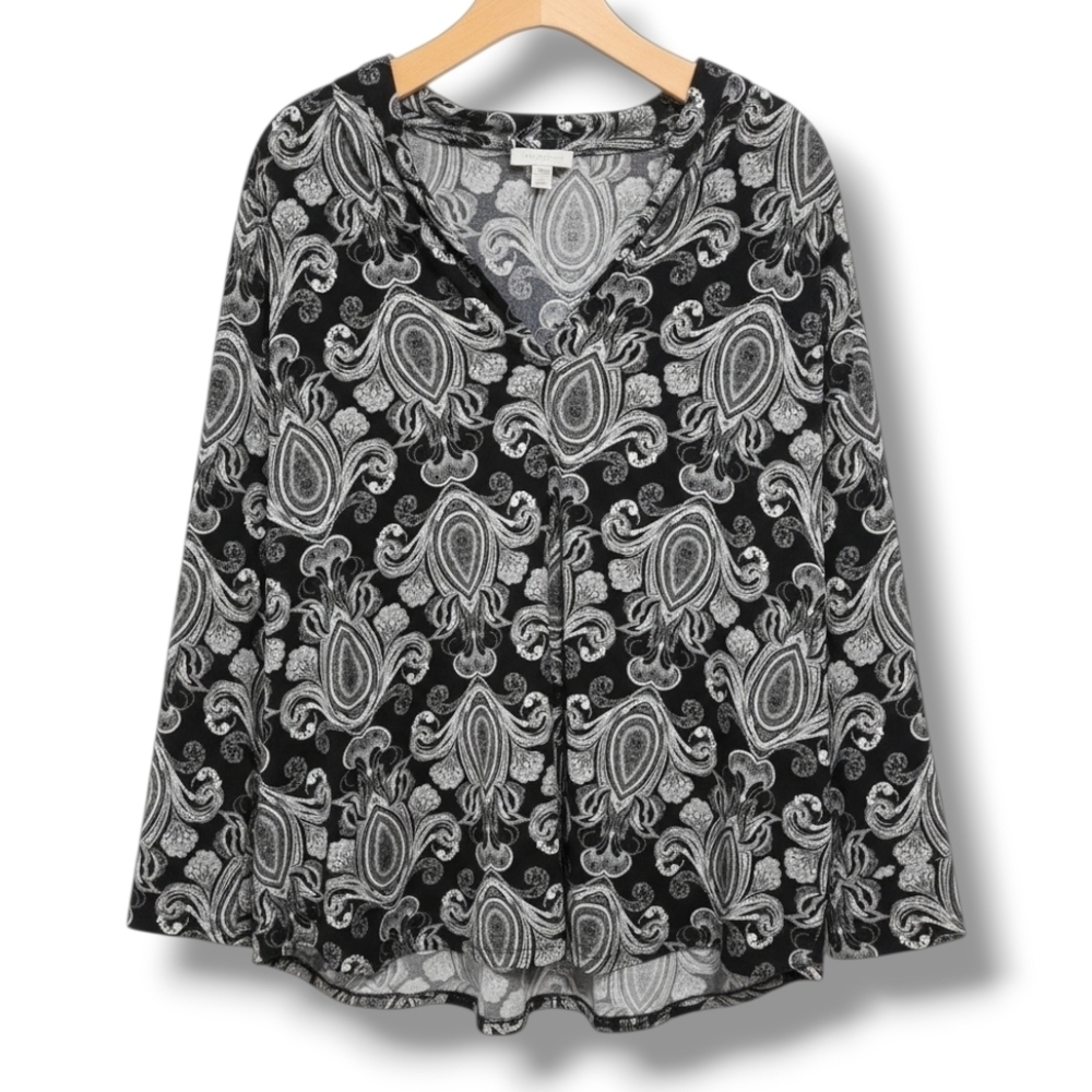 Charter Club women's Plus Size black white paisley VNeck long sleeves Blouse 2x